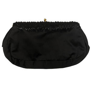 Vintage Joseph Magnin Black Satin Clutch Bag Beaded Fringe Kiss Clasp France